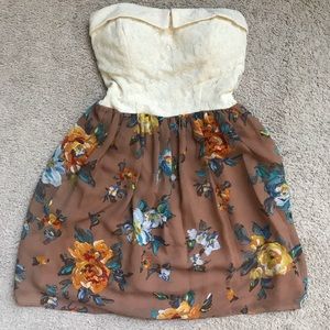 Cream + brown floral strapless empire waist dress